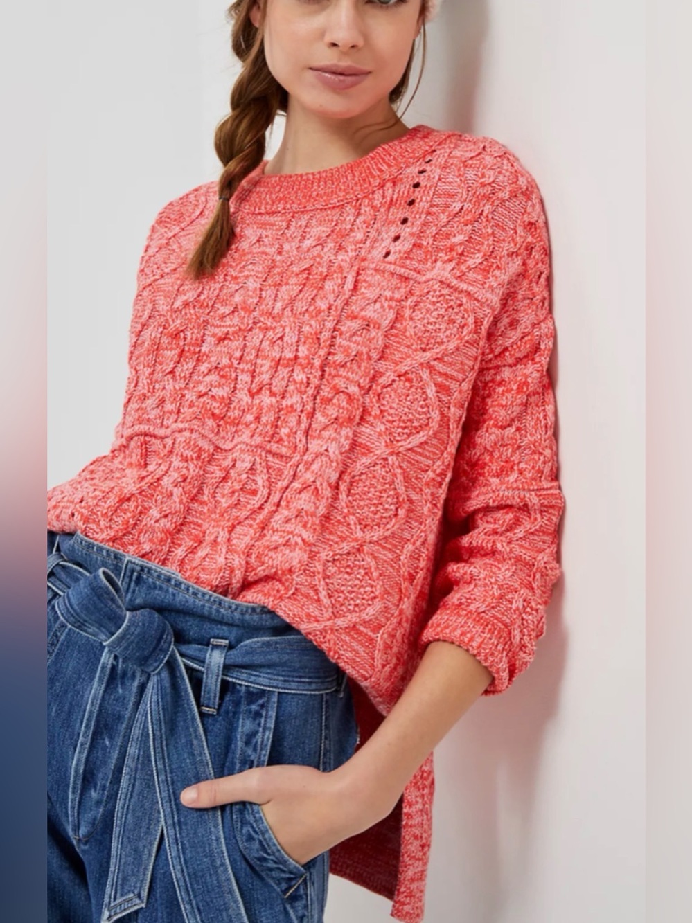 Anthropologie Pilcro Jasmine Cable Knit Tunic Sweater Size S Marled Pink Boho